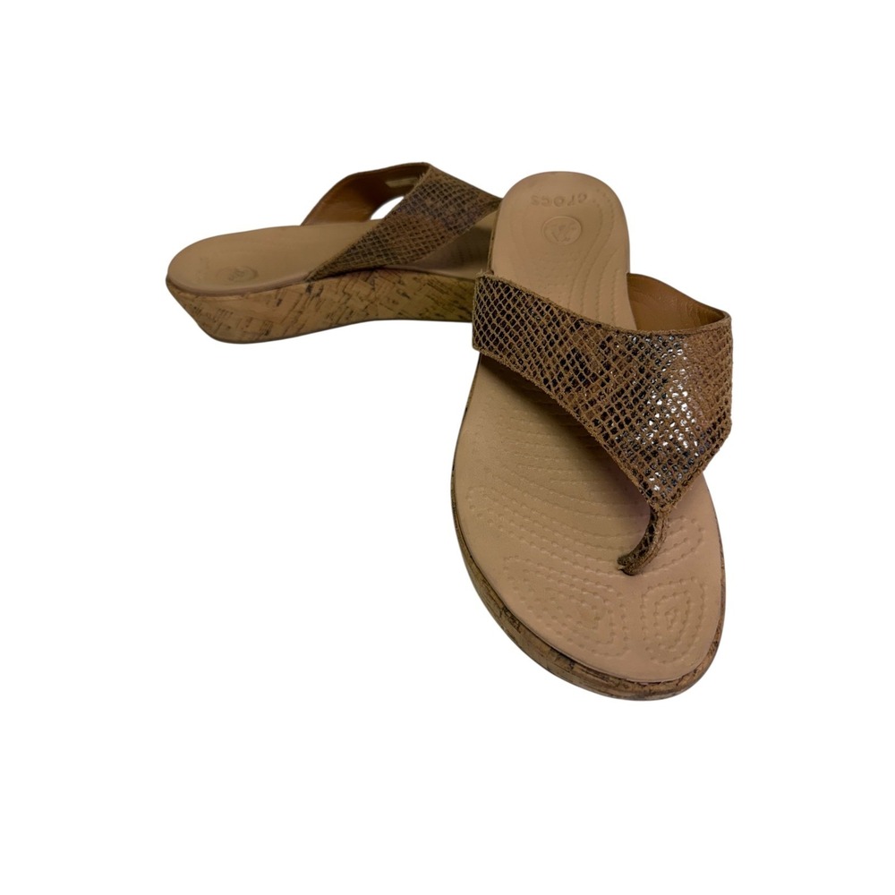 Crocs Wedge Sandal Women 11 Brown Snakeskin Cork Platform Flip Flops Boho Summer